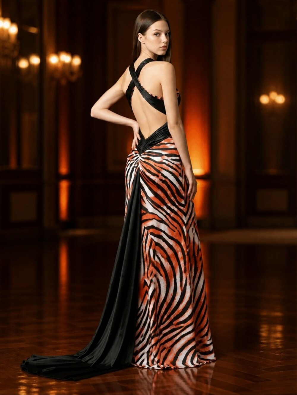 Vintage Y2K Red Black Zebra Print Halter Prom Gown Dress Size 0 with Train 4078